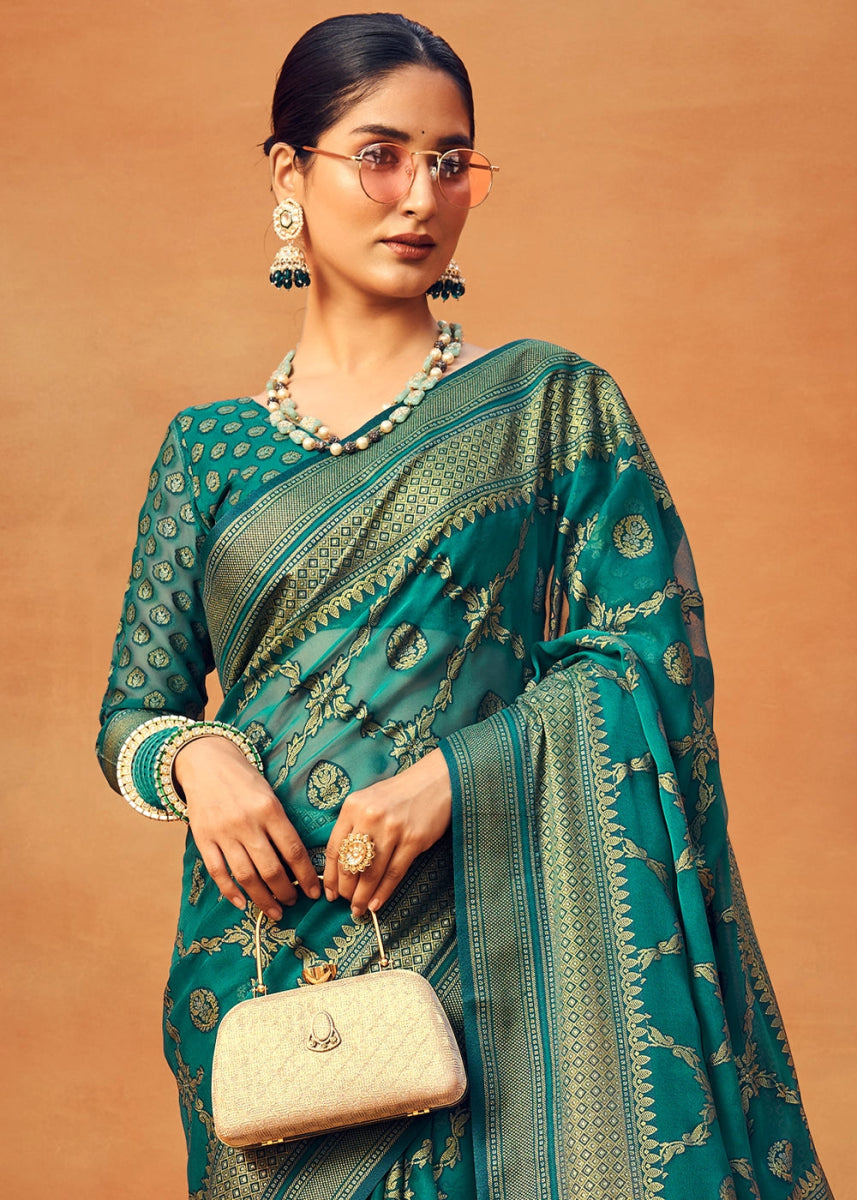 Iris Blue Handwoven Zari Georgette Silk Saree - House of Sarvati LLC