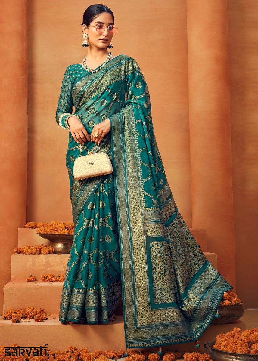Iris Blue Handwoven Zari Georgette Silk Saree - House of Sarvati LLC