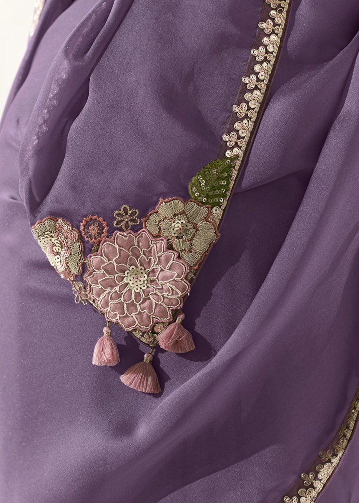 Iris Purple Designer Tissue Organza Saree With All - Over Buttas And Hand Embroidered Blouse - House of Sarvati LLC