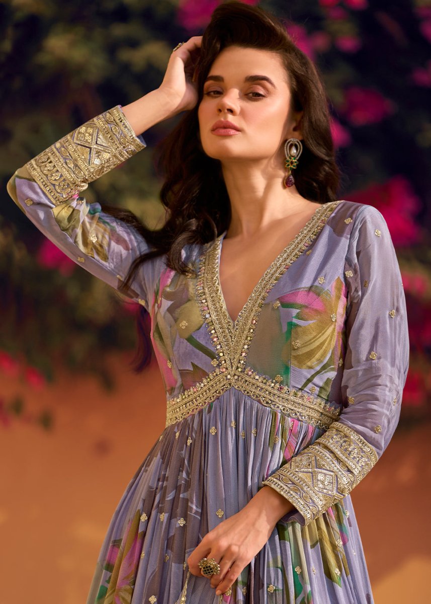 Iris Purple Embroidered Chinon Silk Anarkali with Floral Design - House of Sarvati LLC
