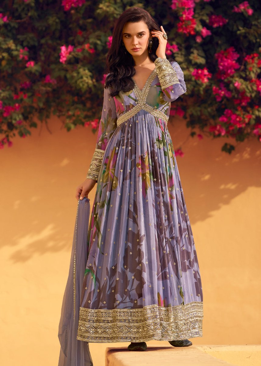 Iris Purple Embroidered Chinon Silk Anarkali with Floral Design - House of Sarvati LLC