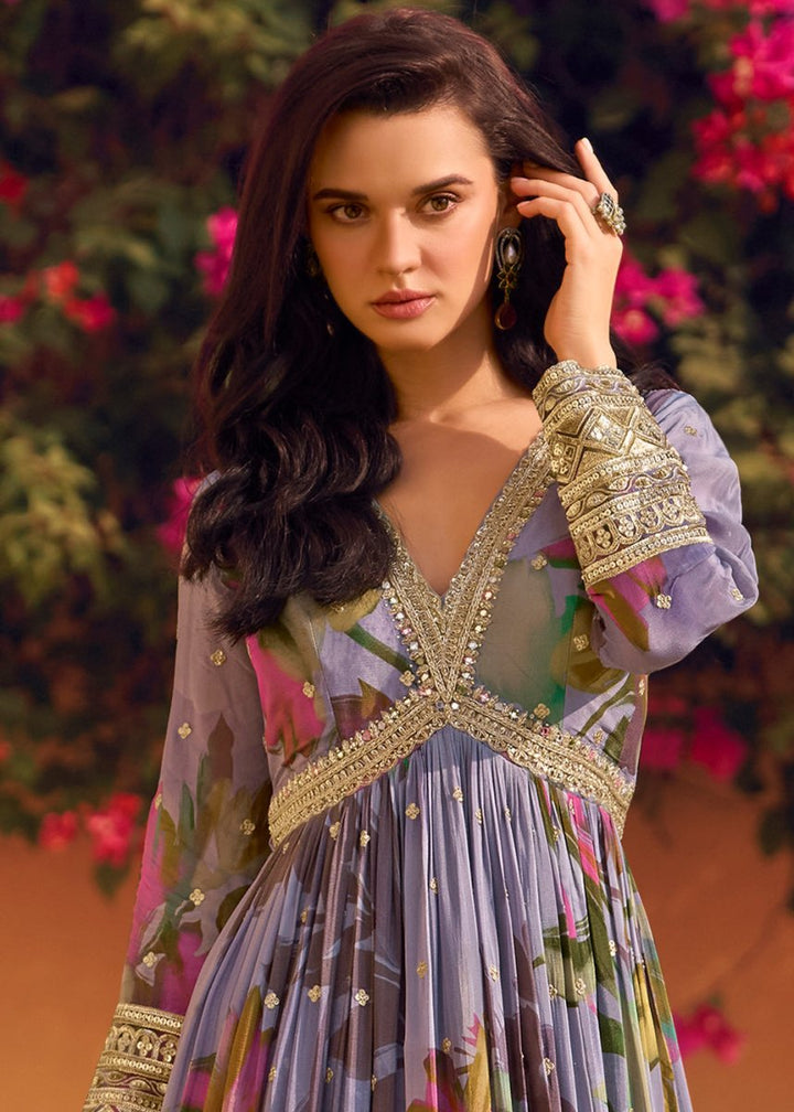 Iris Purple Embroidered Chinon Silk Anarkali with Floral Design - House of Sarvati LLC