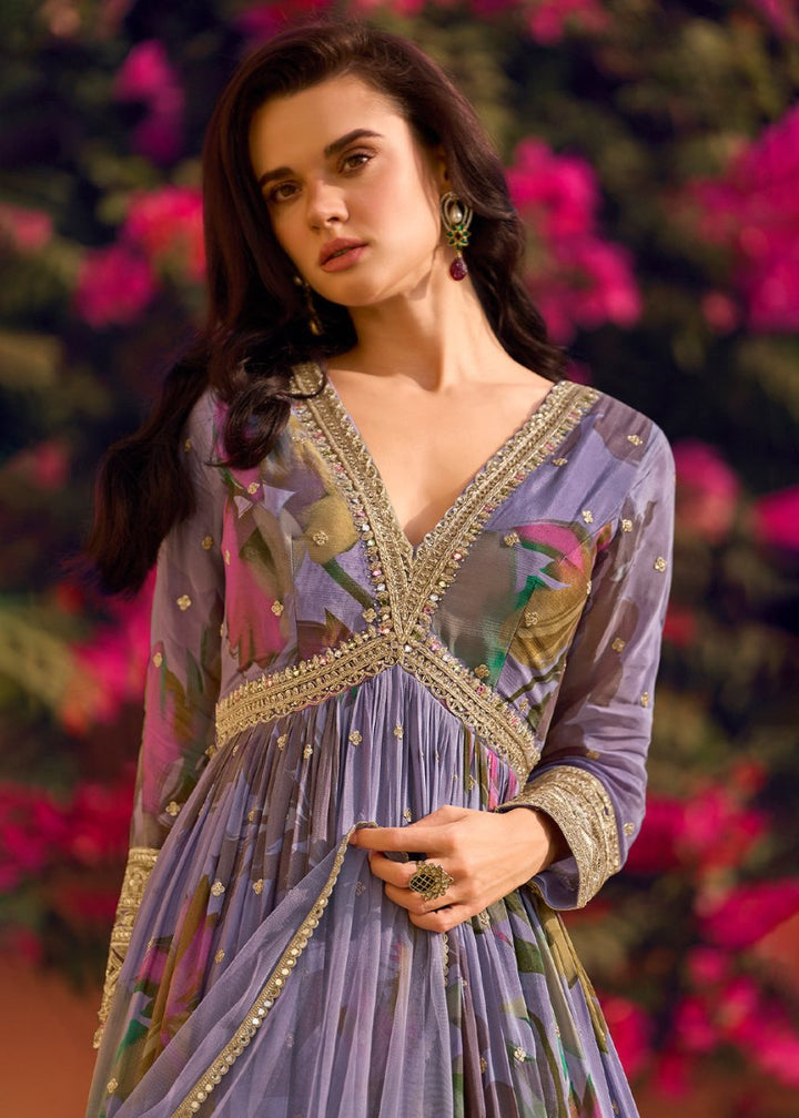 Iris Purple Embroidered Chinon Silk Anarkali with Floral Design - House of Sarvati LLC
