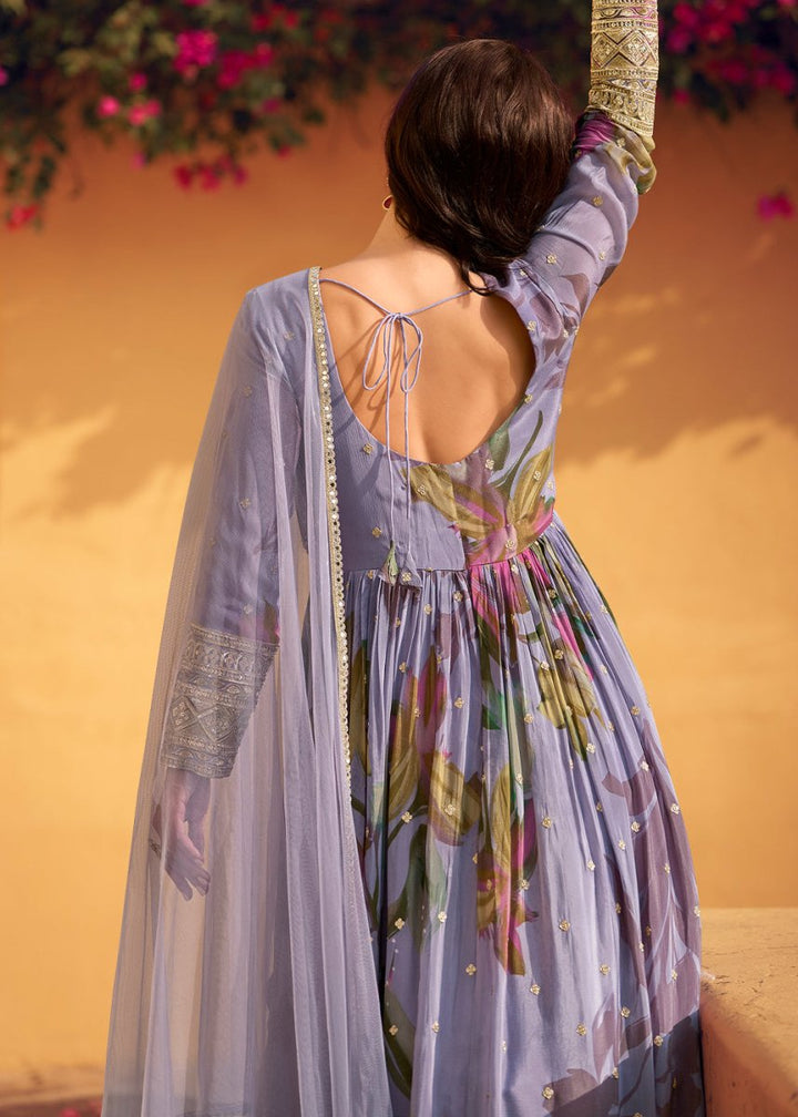 Iris Purple Embroidered Chinon Silk Anarkali with Floral Design - House of Sarvati LLC