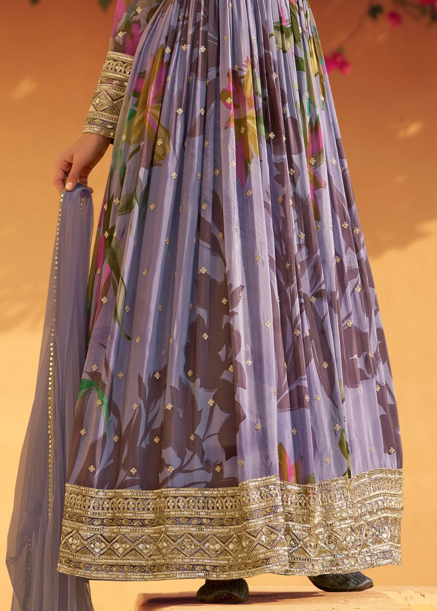 Iris Purple Embroidered Chinon Silk Anarkali with Floral Design - House of Sarvati LLC