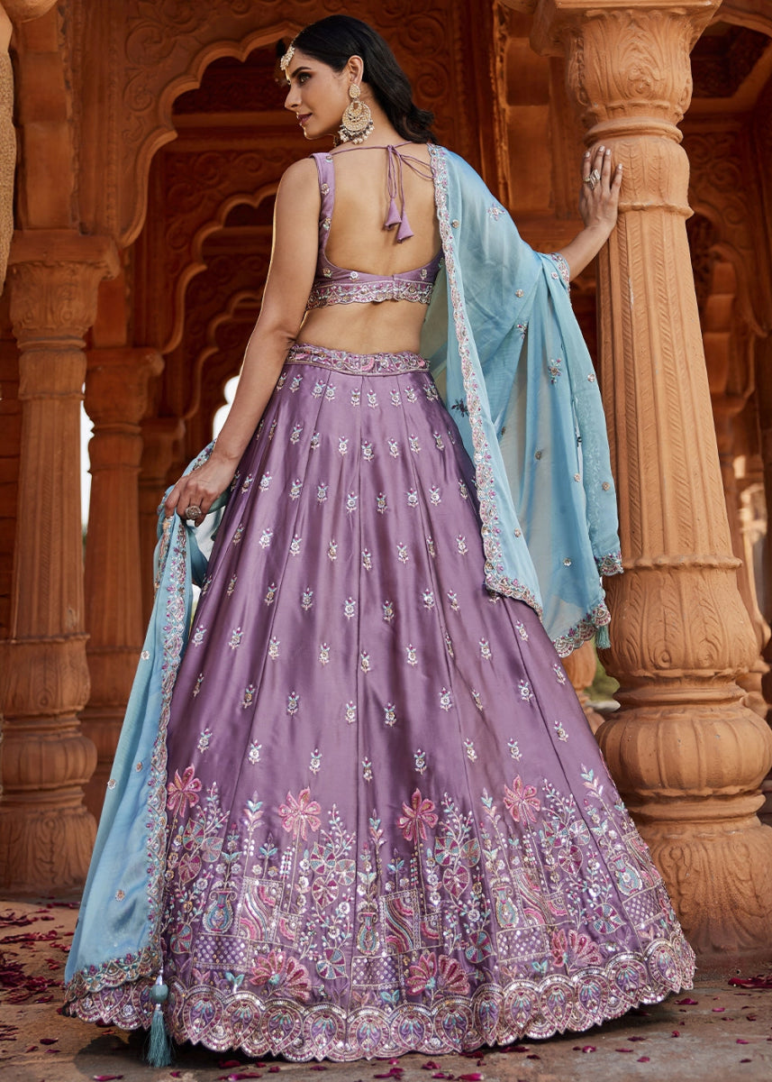 Iris Purple Georgette Lehenga Choli with Sequins and Floral Embroidery - House of Sarvati LLC