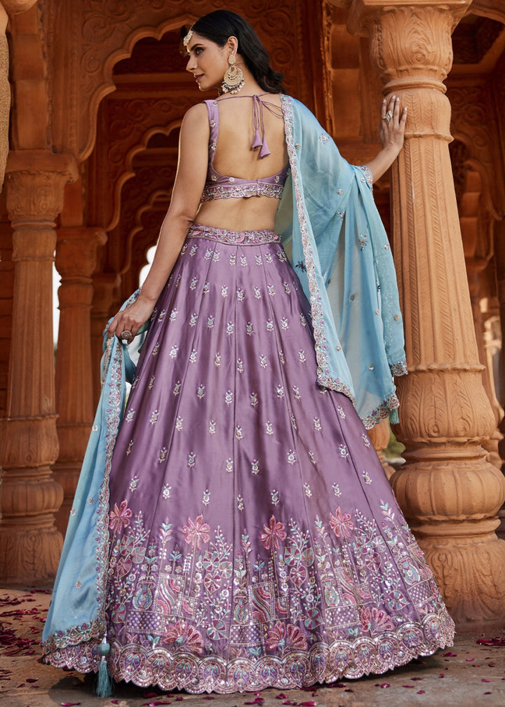 Iris Purple Georgette Lehenga Choli with Sequins and Floral Embroidery - House of Sarvati LLC