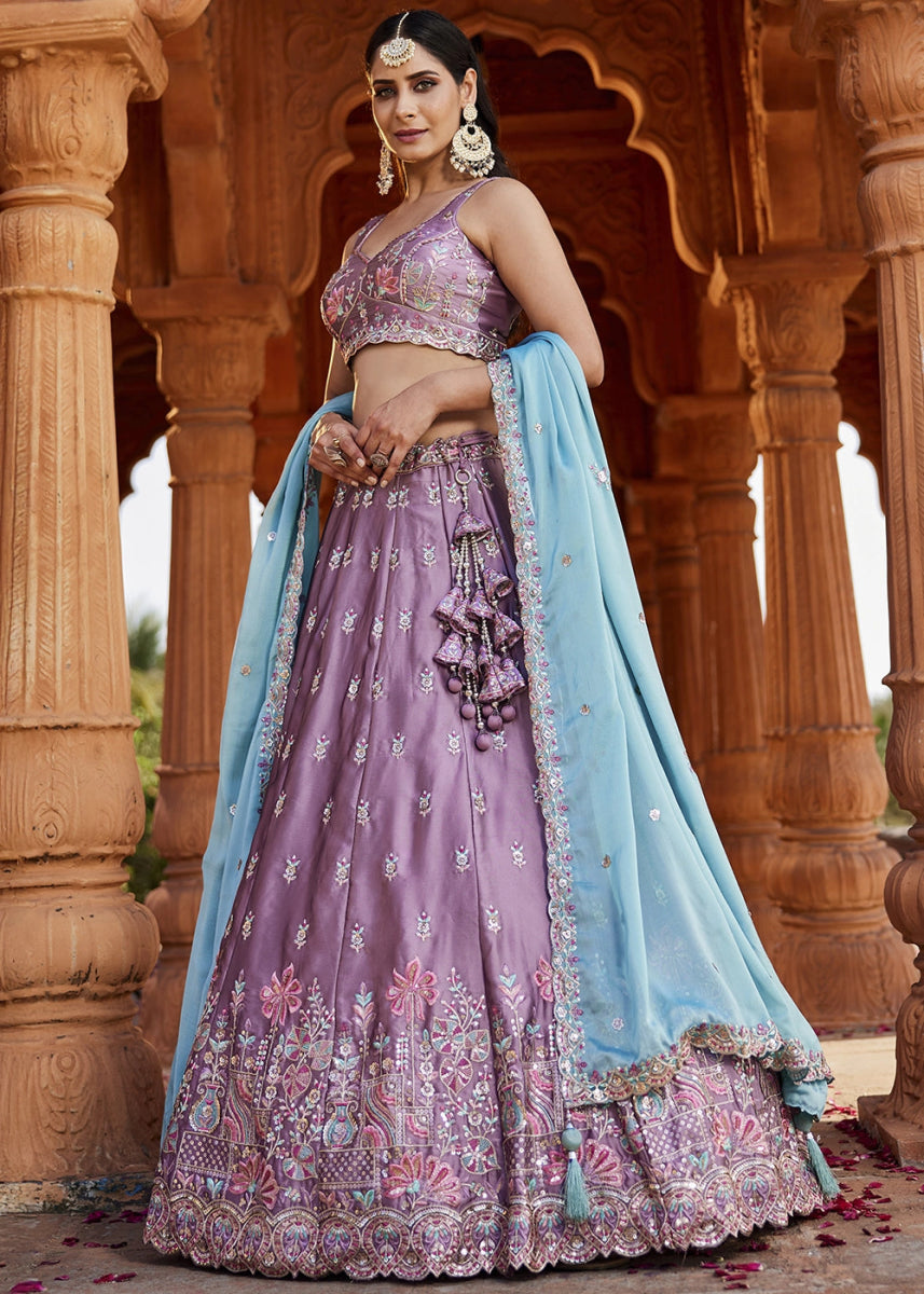 Iris Purple Georgette Lehenga Choli with Sequins and Floral Embroidery - House of Sarvati LLC