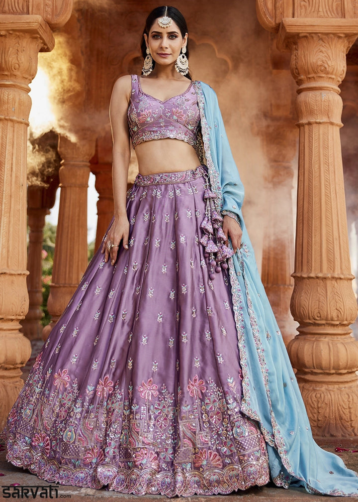 Iris Purple Georgette Lehenga Choli with Sequins and Floral Embroidery - House of Sarvati LLC
