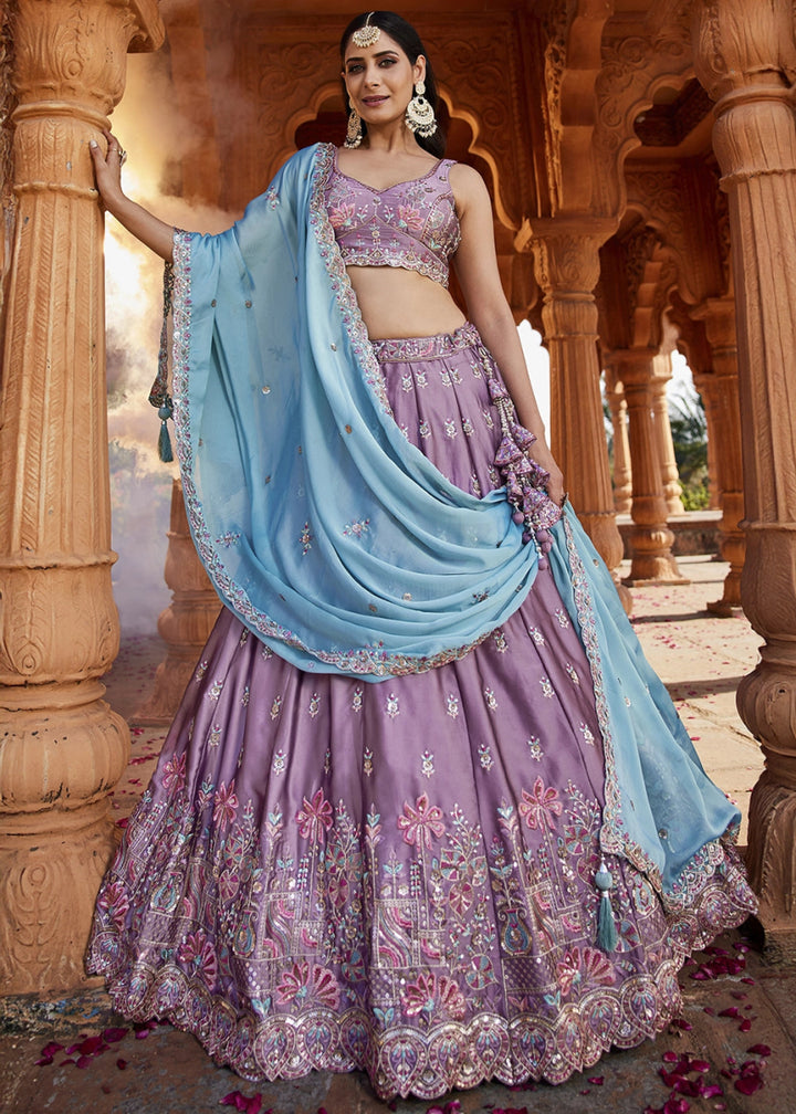 Iris Purple Georgette Lehenga Choli with Sequins and Floral Embroidery - House of Sarvati LLC