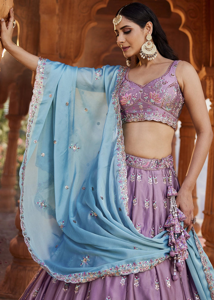 Iris Purple Georgette Lehenga Choli with Sequins and Floral Embroidery - House of Sarvati LLC