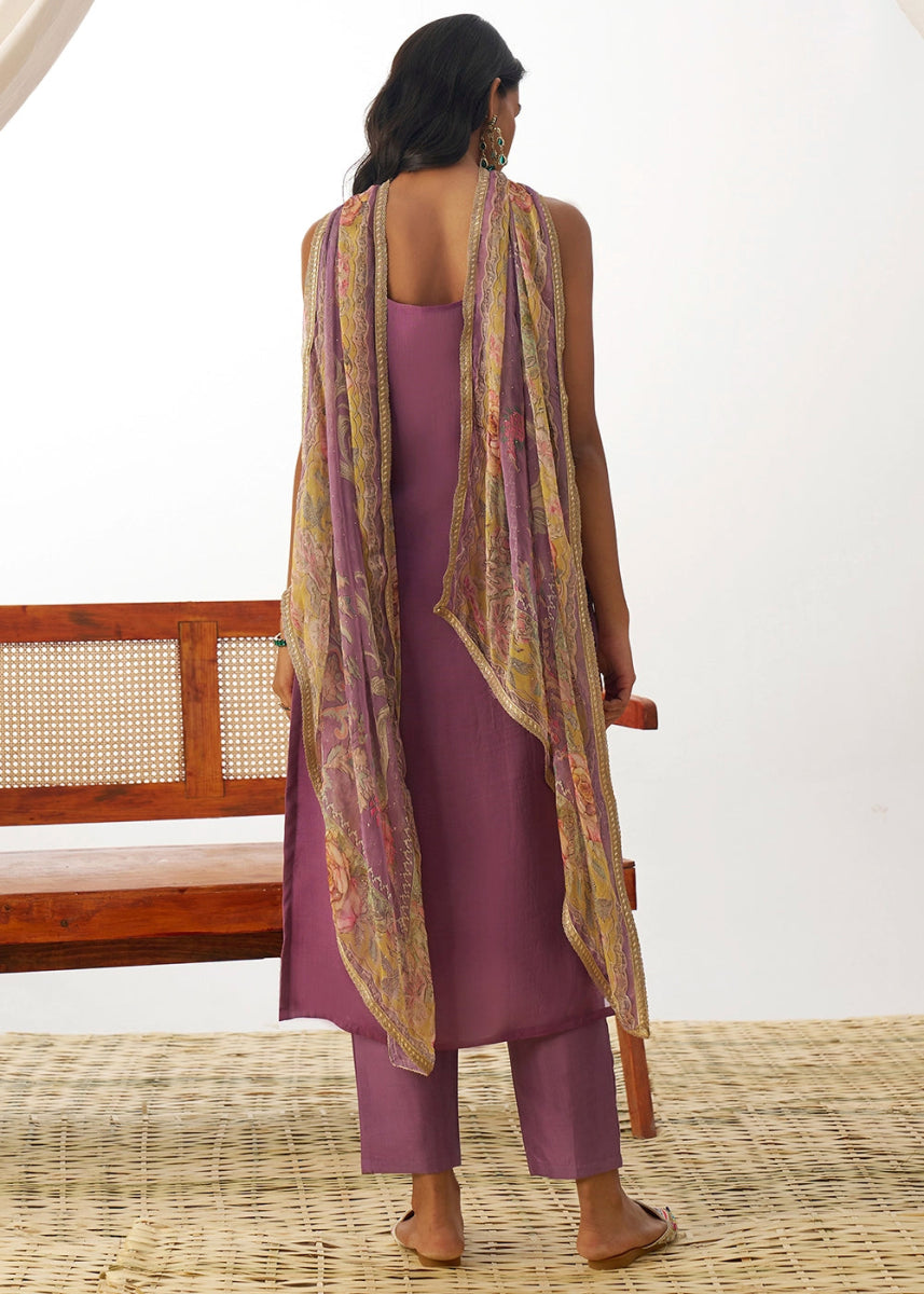 Iris Purple Organza Salwar Suit with Floral Embroidery work - House of Sarvati LLC