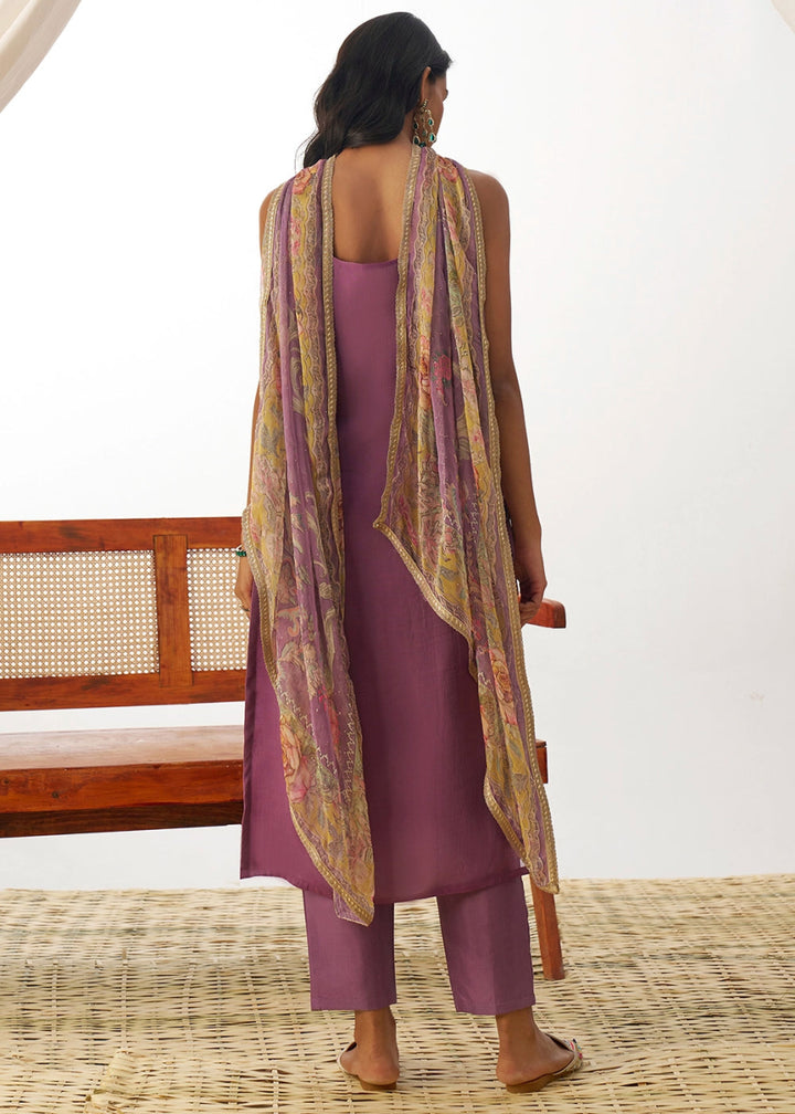 Iris Purple Organza Salwar Suit with Floral Embroidery work - House of Sarvati LLC
