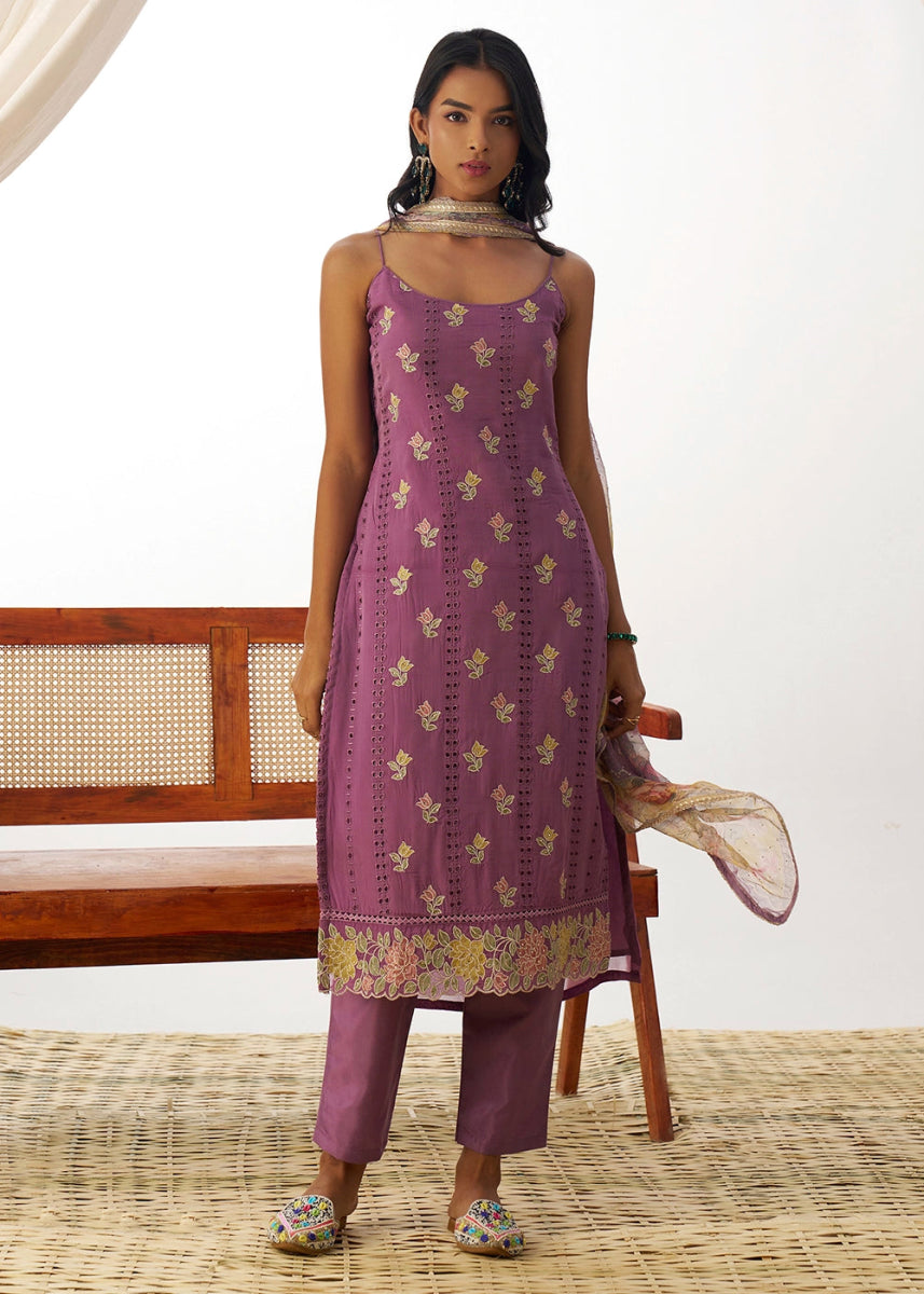 Iris Purple Organza Salwar Suit with Floral Embroidery work - House of Sarvati LLC