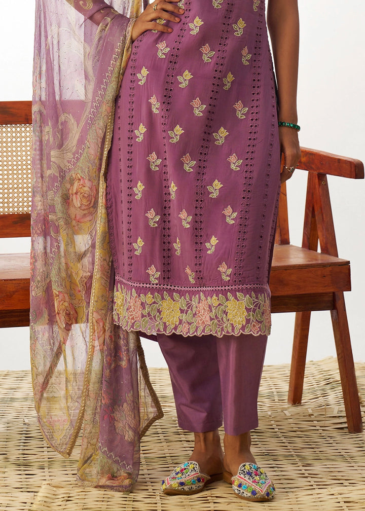 Iris Purple Organza Salwar Suit with Floral Embroidery work - House of Sarvati LLC
