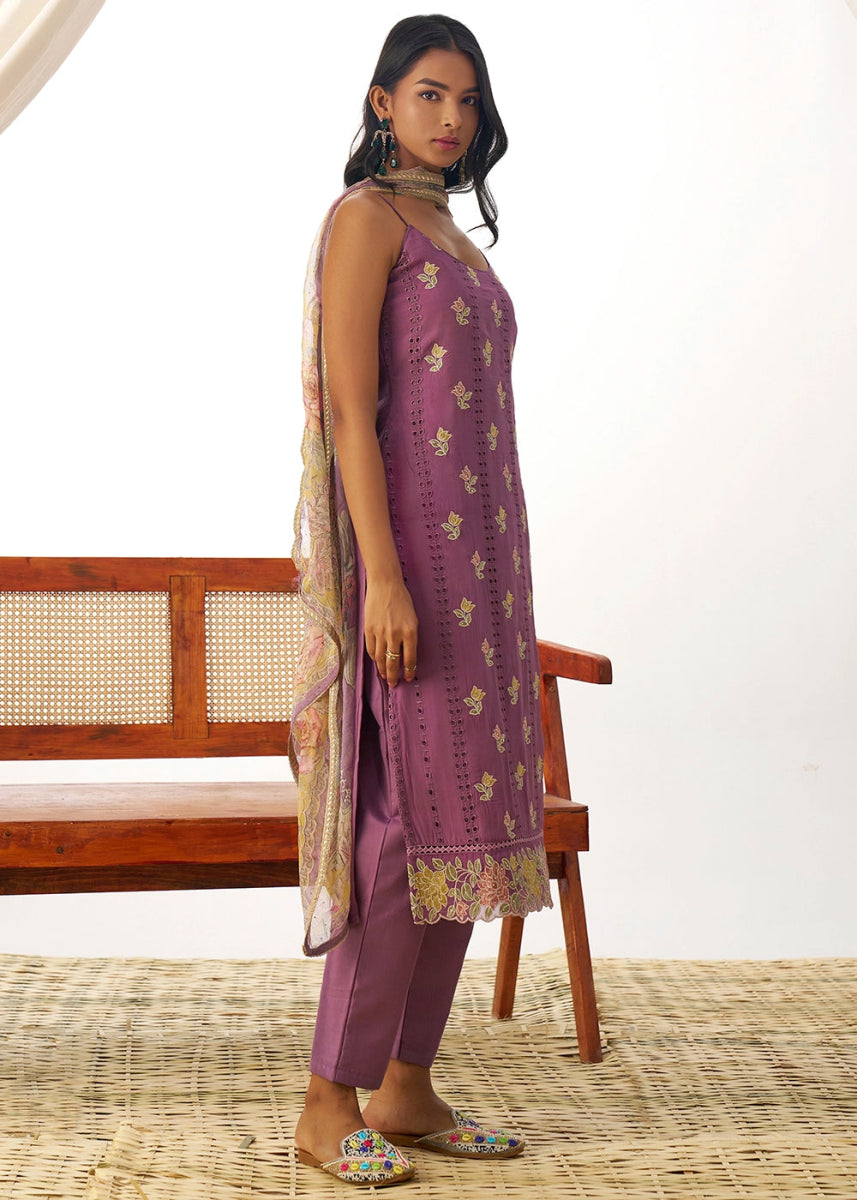 Iris Purple Organza Salwar Suit with Floral Embroidery work - House of Sarvati LLC
