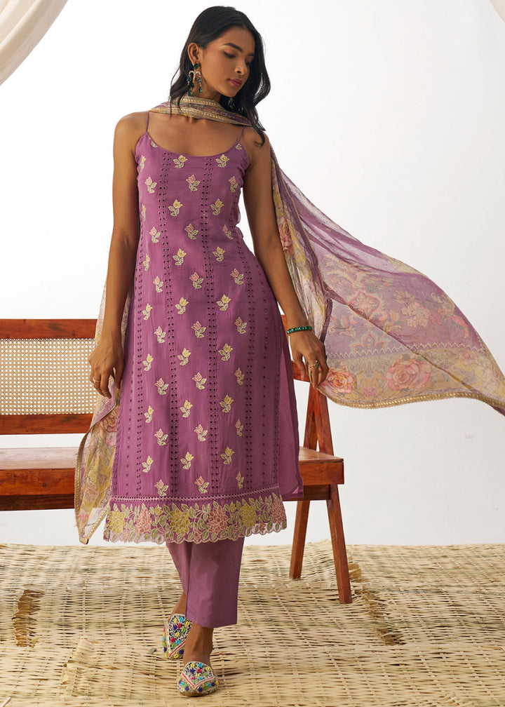 Iris Purple Organza Salwar Suit with Floral Embroidery work - House of Sarvati LLC