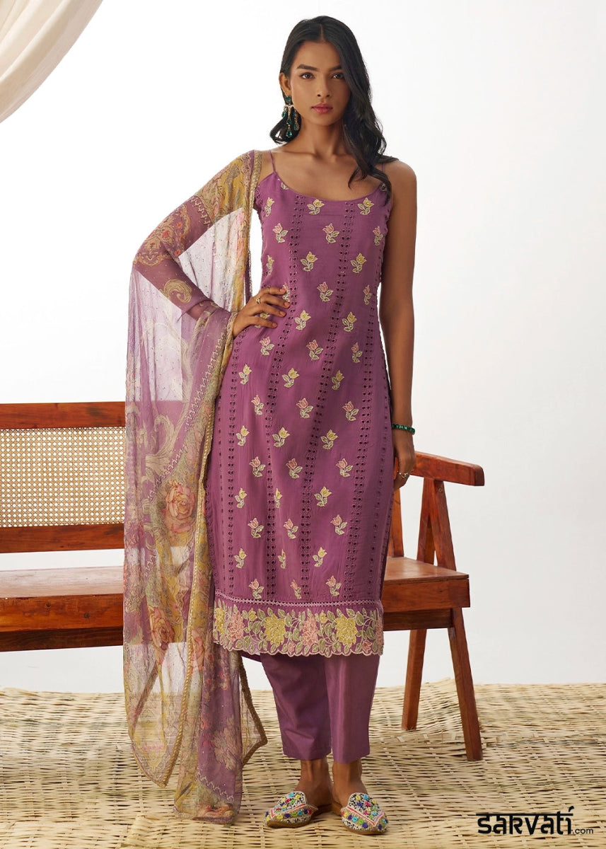 Iris Purple Organza Salwar Suit with Floral Embroidery work - House of Sarvati LLC