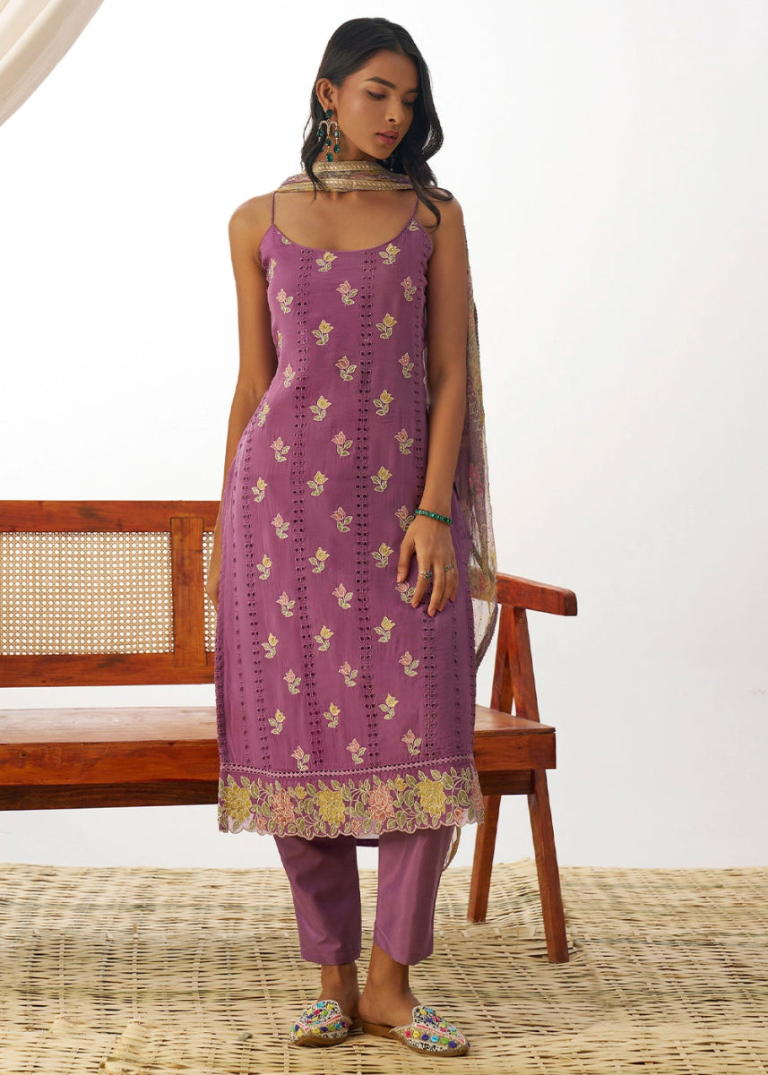 Iris Purple Organza Salwar Suit with Floral Embroidery work - House of Sarvati LLC
