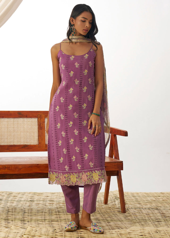 Iris Purple Organza Salwar Suit with Floral Embroidery work - House of Sarvati LLC