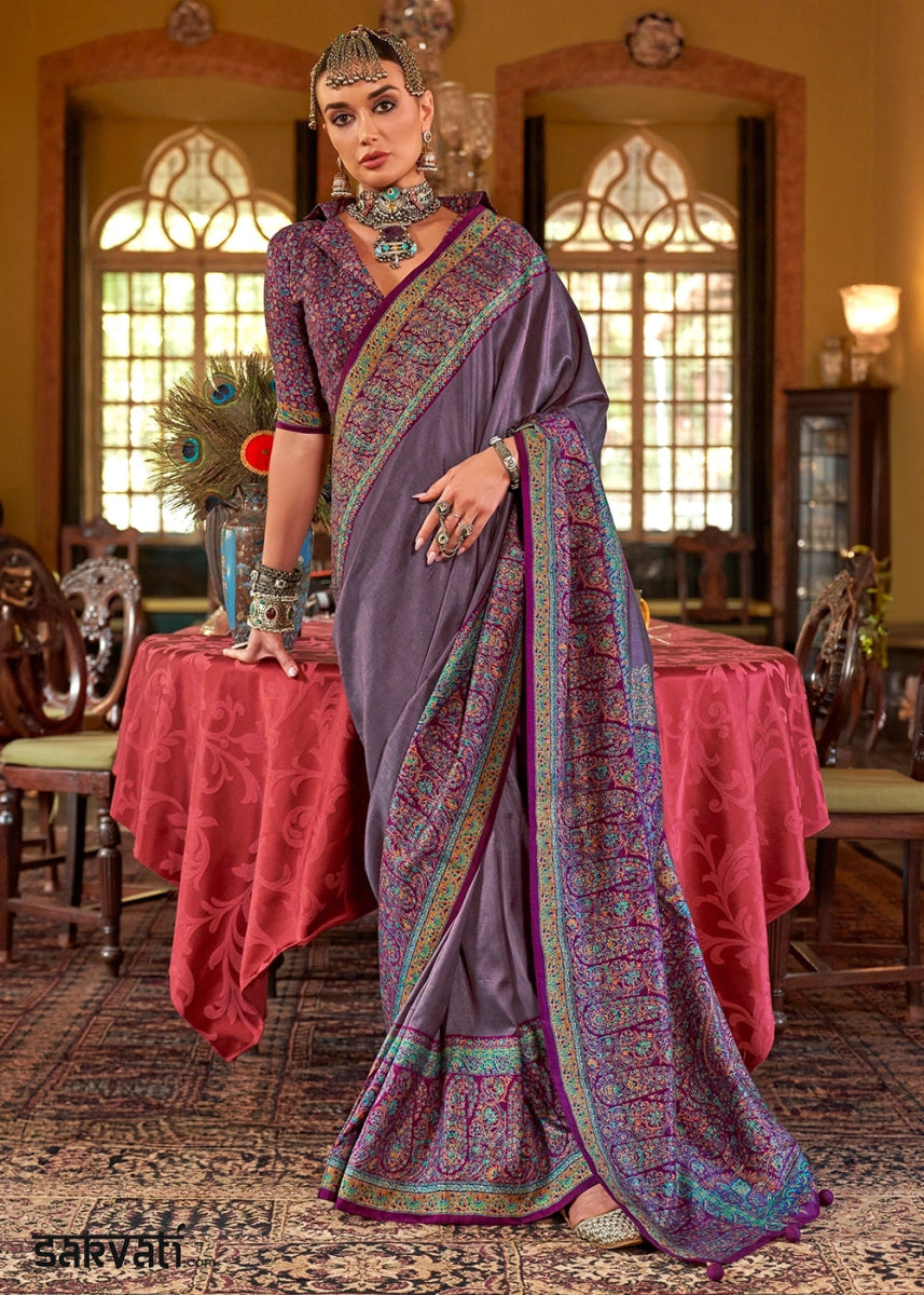 Iris Purple Silk Saree Featuring Exquisite Kashmiri Paisley Artwork - House of Sarvati LLC
