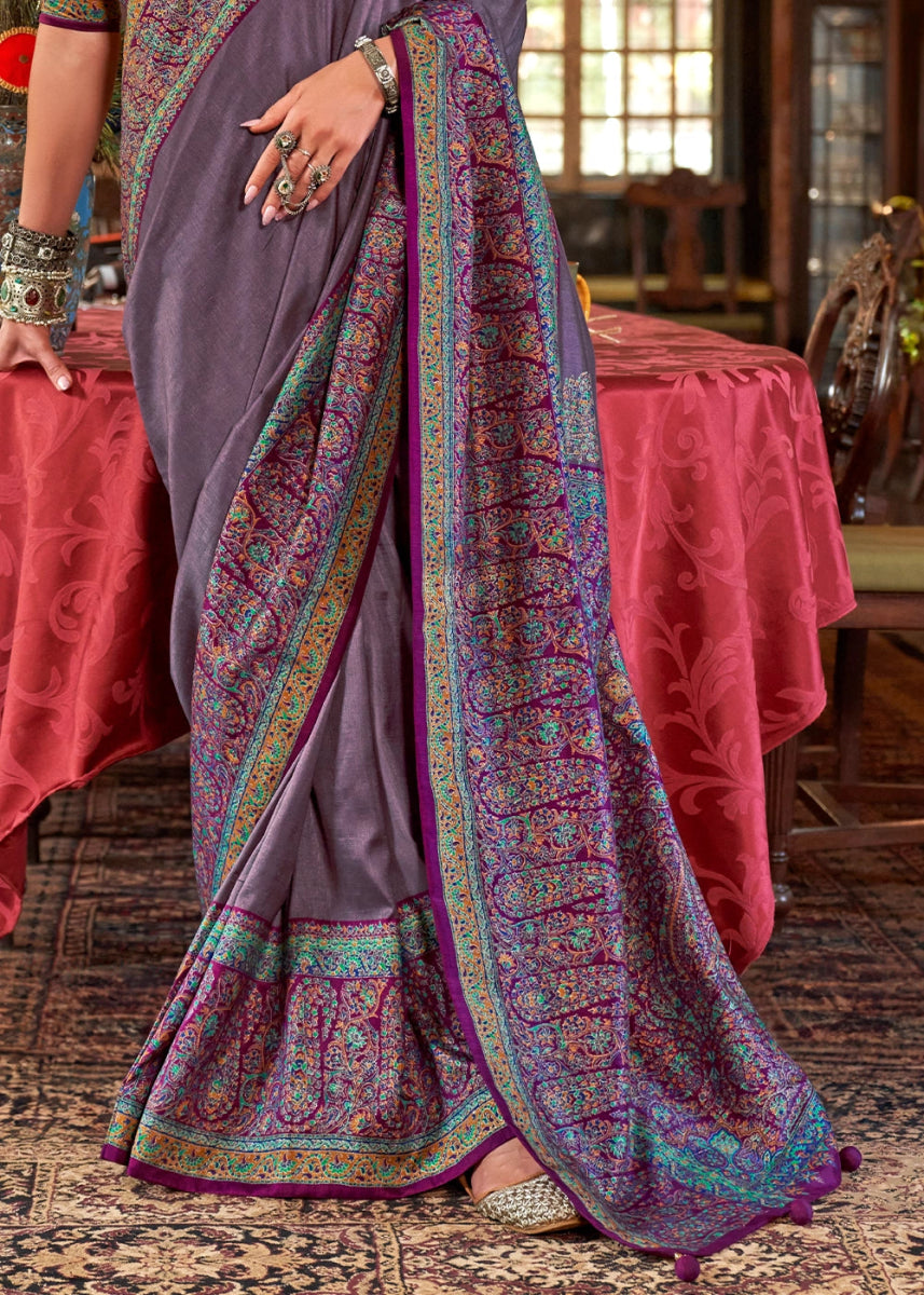 Iris Purple Silk Saree Featuring Exquisite Kashmiri Paisley Artwork - House of Sarvati LLC