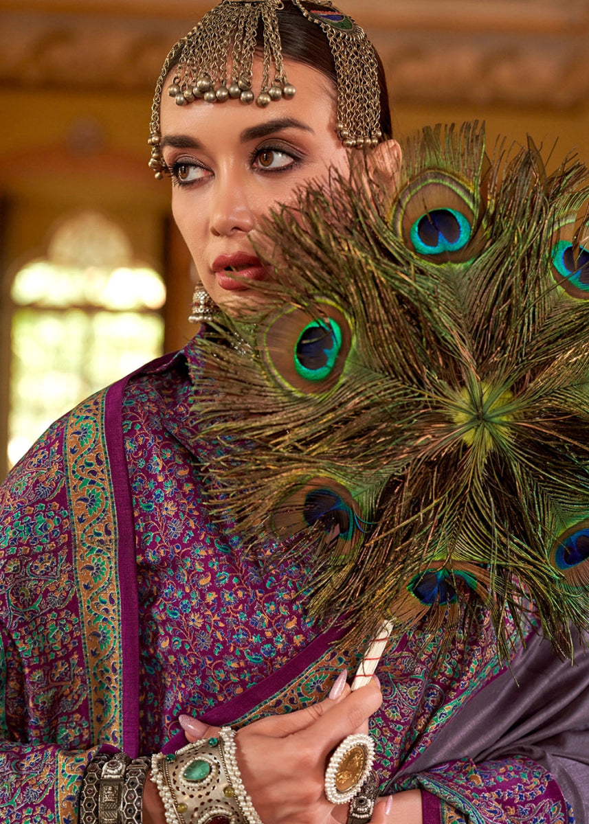 Iris Purple Silk Saree Featuring Exquisite Kashmiri Paisley Artwork - House of Sarvati LLC