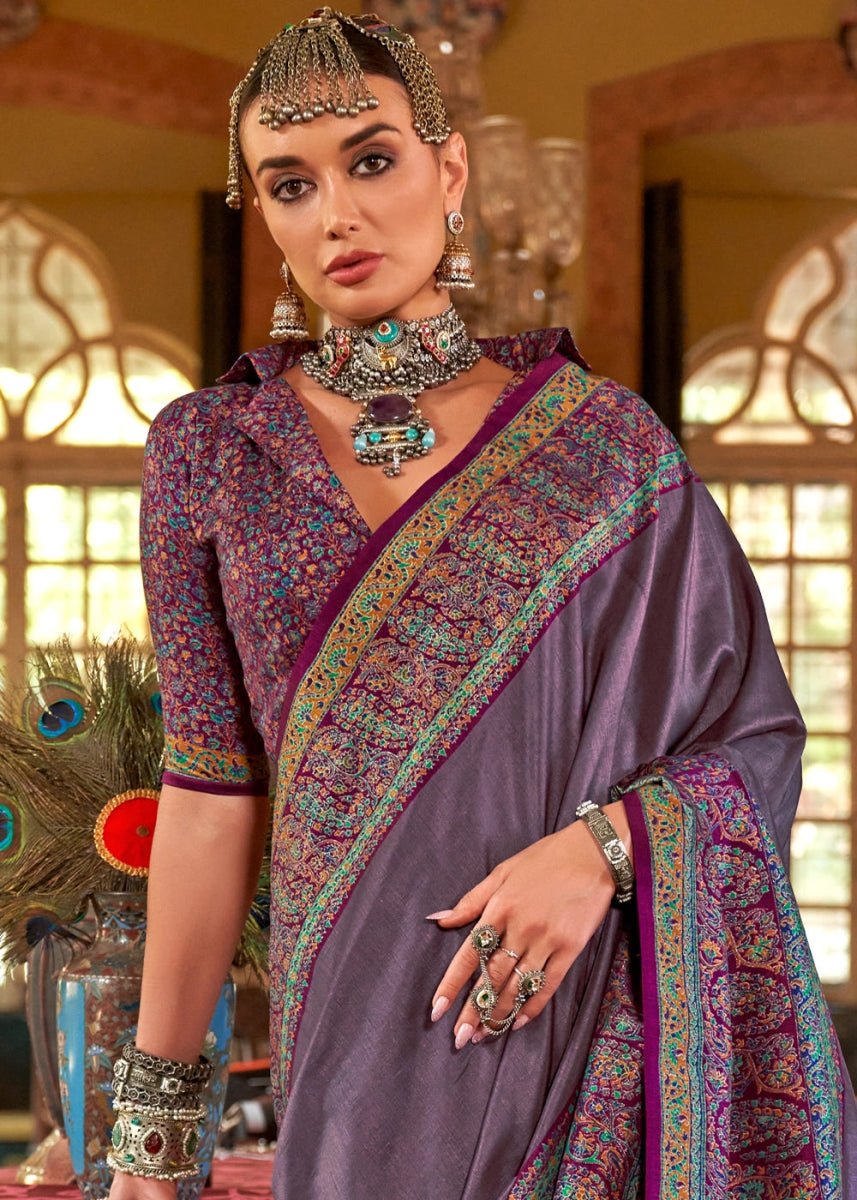 Iris Purple Silk Saree Featuring Exquisite Kashmiri Paisley Artwork - House of Sarvati LLC