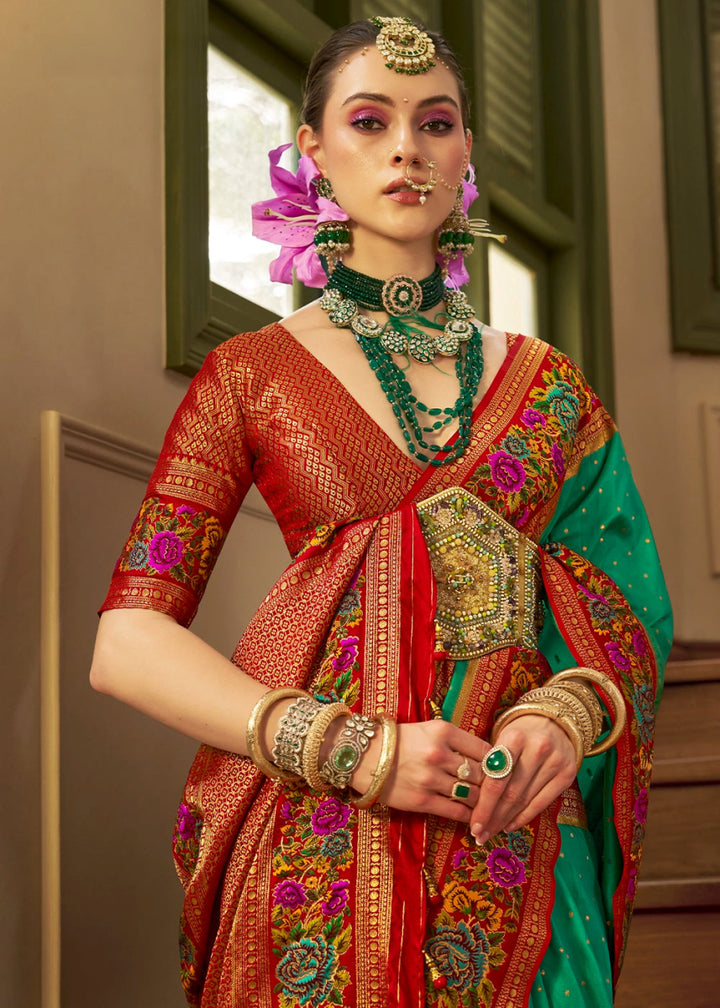Jade Green Banarasi Silk Saree With Jacquard Butti Weaving And Meenakari Border & Pallu - House of Sarvati LLC
