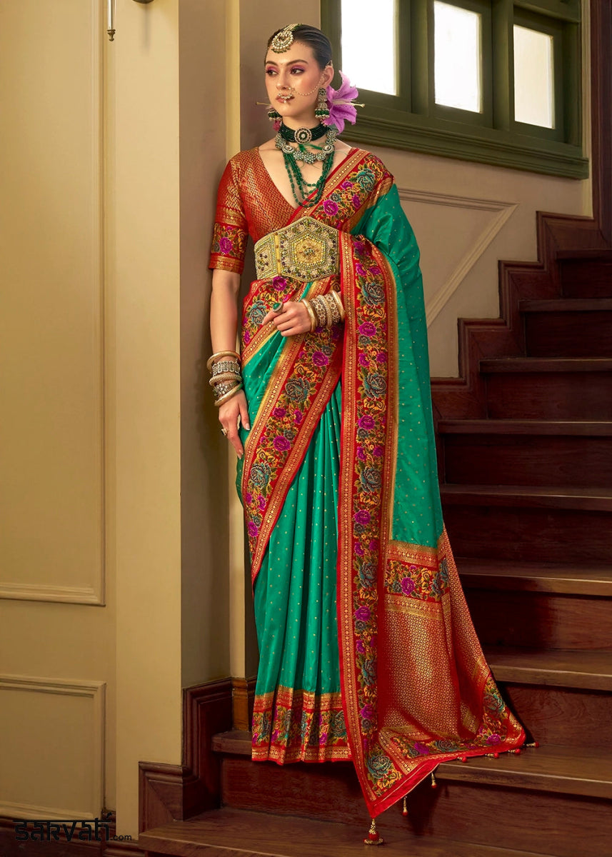Jade Green Banarasi Silk Saree With Jacquard Butti Weaving And Meenakari Border & Pallu - House of Sarvati LLC
