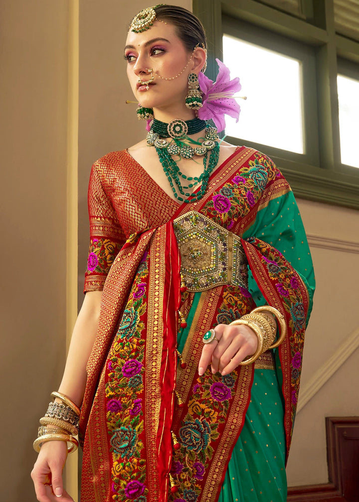 Jade Green Banarasi Silk Saree With Jacquard Butti Weaving And Meenakari Border & Pallu - House of Sarvati LLC
