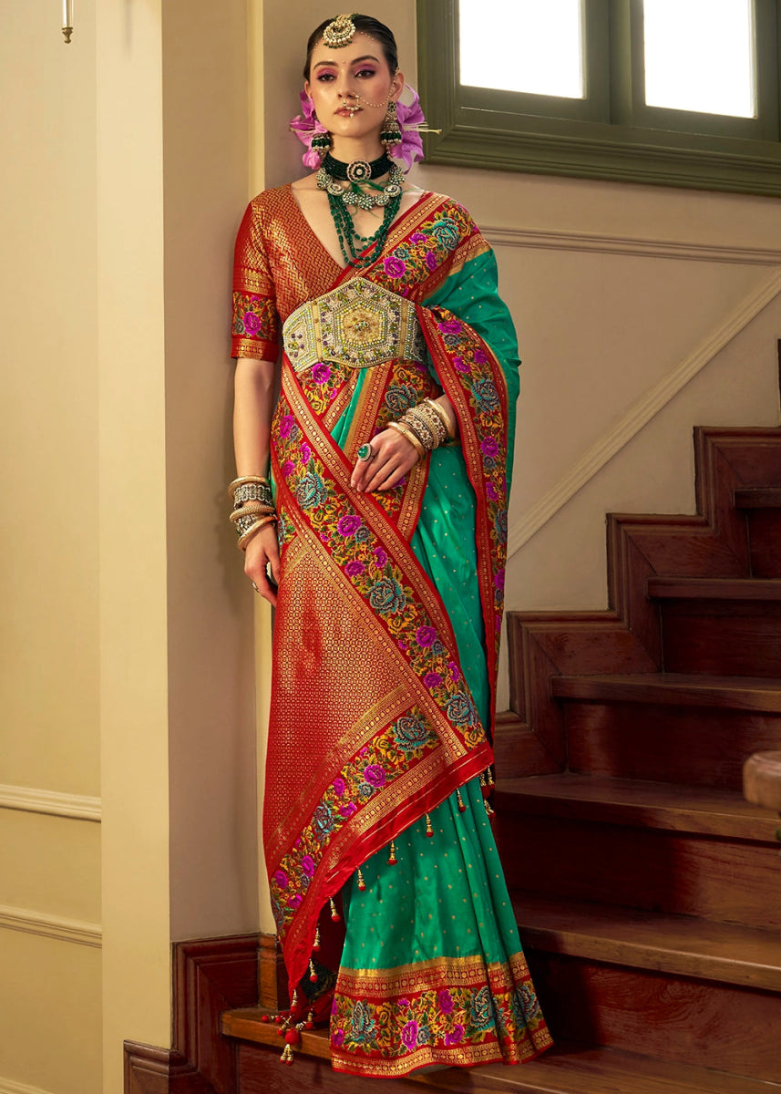 Jade Green Banarasi Silk Saree With Jacquard Butti Weaving And Meenakari Border & Pallu - House of Sarvati LLC