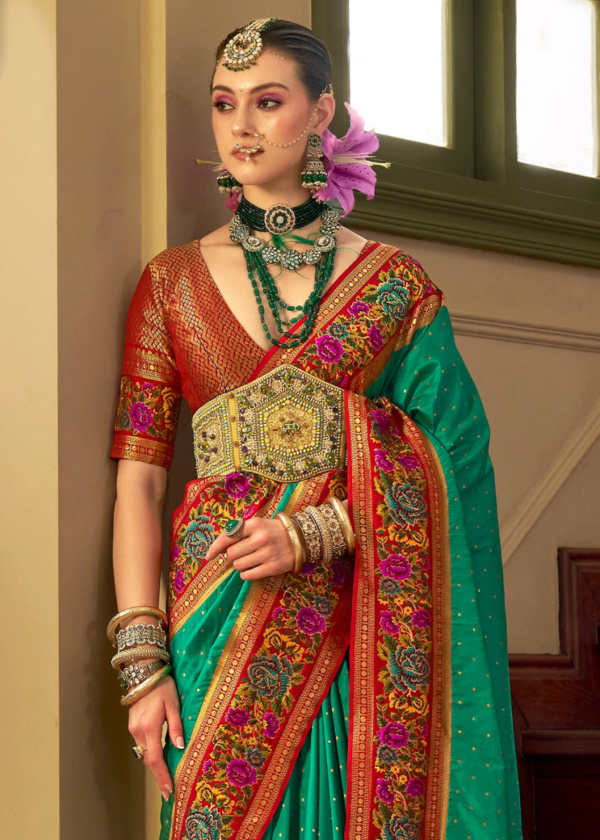 Jade Green Banarasi Silk Saree With Jacquard Butti Weaving And Meenakari Border & Pallu - House of Sarvati LLC