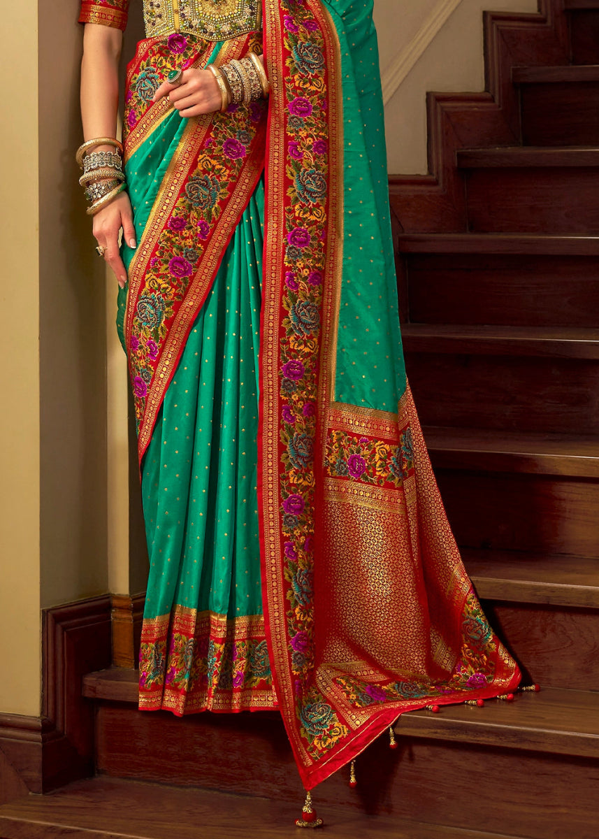Jade Green Banarasi Silk Saree With Jacquard Butti Weaving And Meenakari Border & Pallu - House of Sarvati LLC