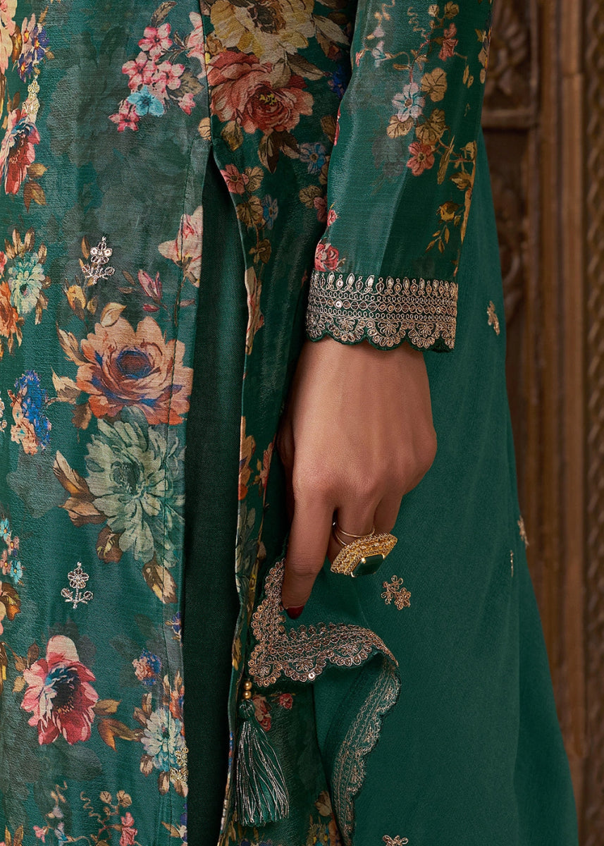 Jade Green Chinon Silk Floral Printed Salwar Suit with Butti & Sequin Embroidery - House of Sarvati LLC