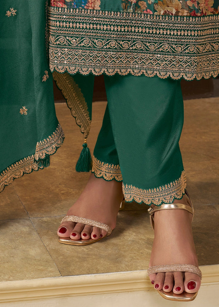 Jade Green Chinon Silk Floral Printed Salwar Suit with Butti & Sequin Embroidery - House of Sarvati LLC