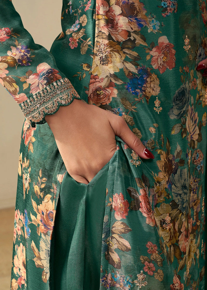 Jade Green Chinon Silk Floral Printed Salwar Suit with Butti & Sequin Embroidery - House of Sarvati LLC