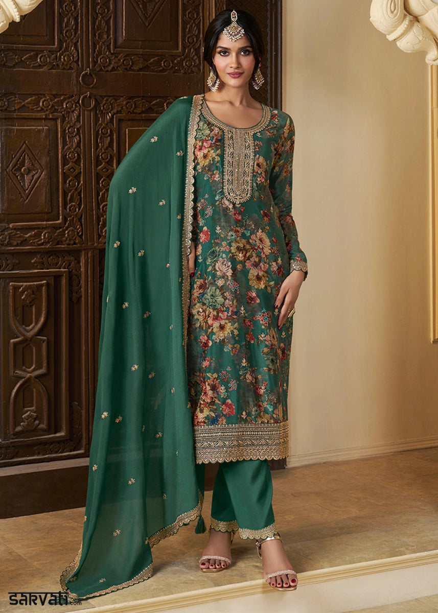 Jade Green Chinon Silk Floral Printed Salwar Suit with Butti & Sequin Embroidery - House of Sarvati LLC