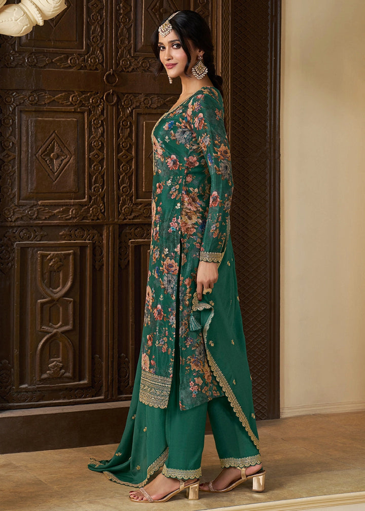 Jade Green Chinon Silk Floral Printed Salwar Suit with Butti & Sequin Embroidery - House of Sarvati LLC