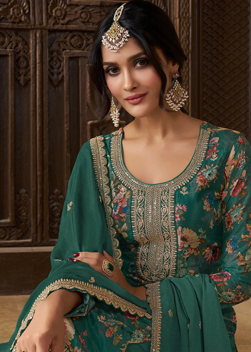 Jade Green Chinon Silk Floral Printed Salwar Suit with Butti & Sequin Embroidery - House of Sarvati LLC