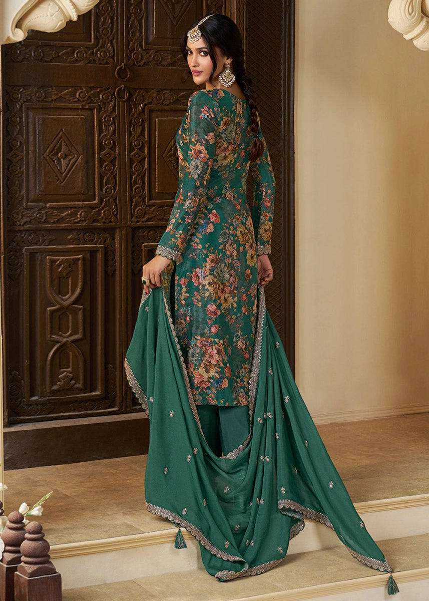 Jade Green Chinon Silk Floral Printed Salwar Suit with Butti & Sequin Embroidery - House of Sarvati LLC