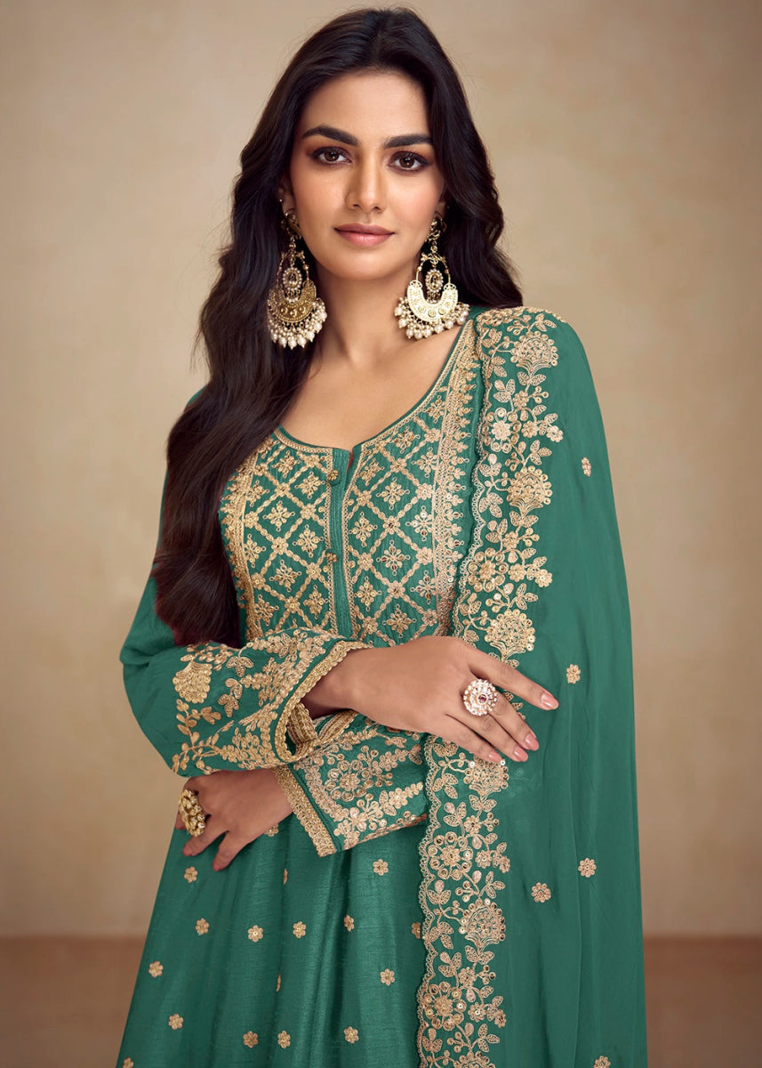 Jade Green Chinon Silk Palazzo Suit with Floral Thread Embroidery - House of Sarvati LLC