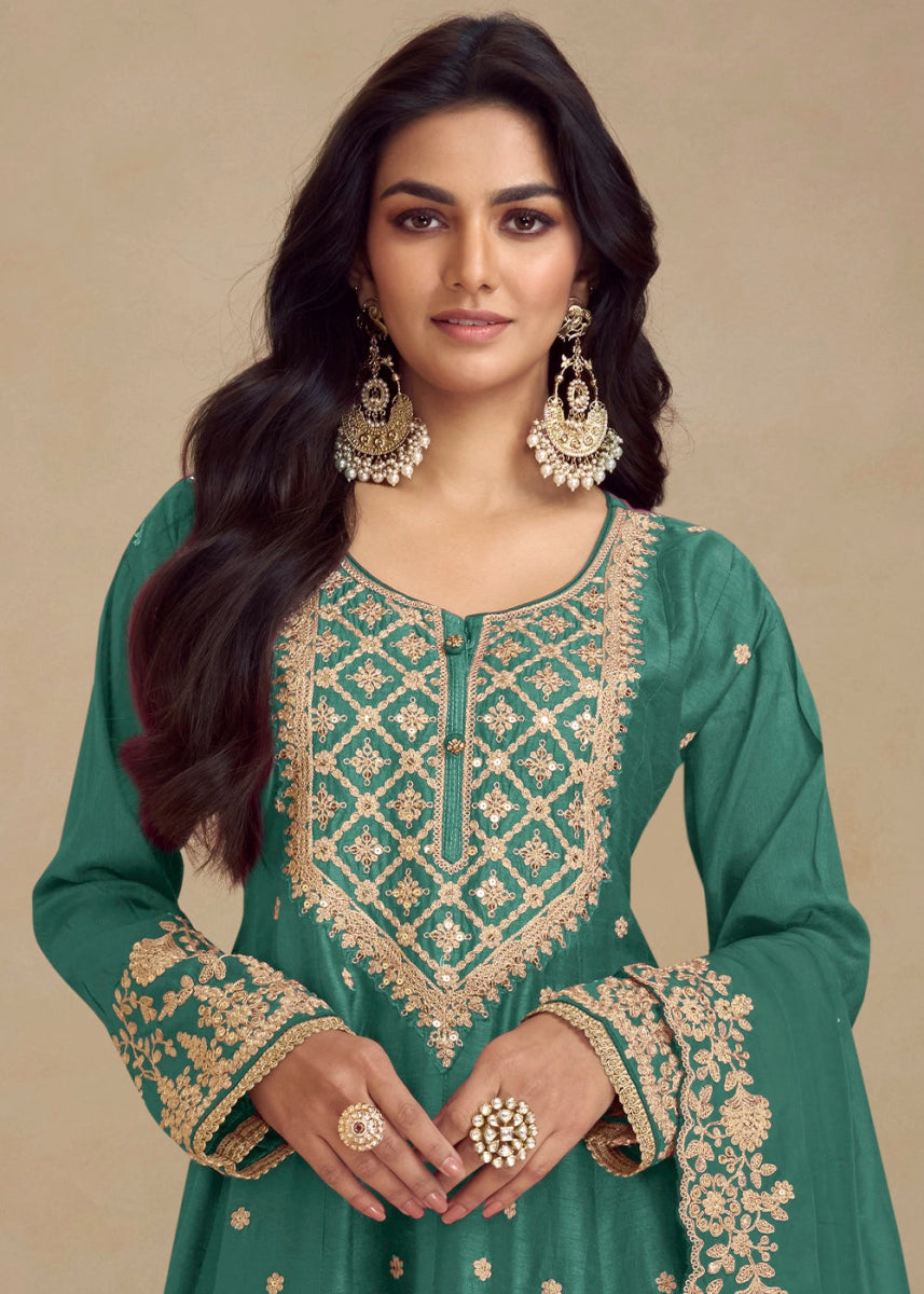 Jade Green Chinon Silk Palazzo Suit with Floral Thread Embroidery - House of Sarvati LLC