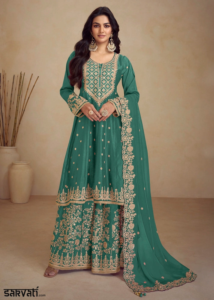 Jade Green Chinon Silk Palazzo Suit with Floral Thread Embroidery - House of Sarvati LLC