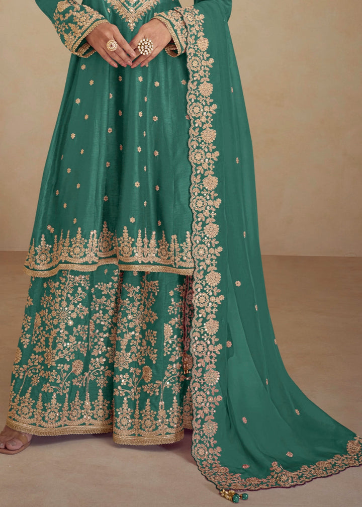 Jade Green Chinon Silk Palazzo Suit with Floral Thread Embroidery - House of Sarvati LLC