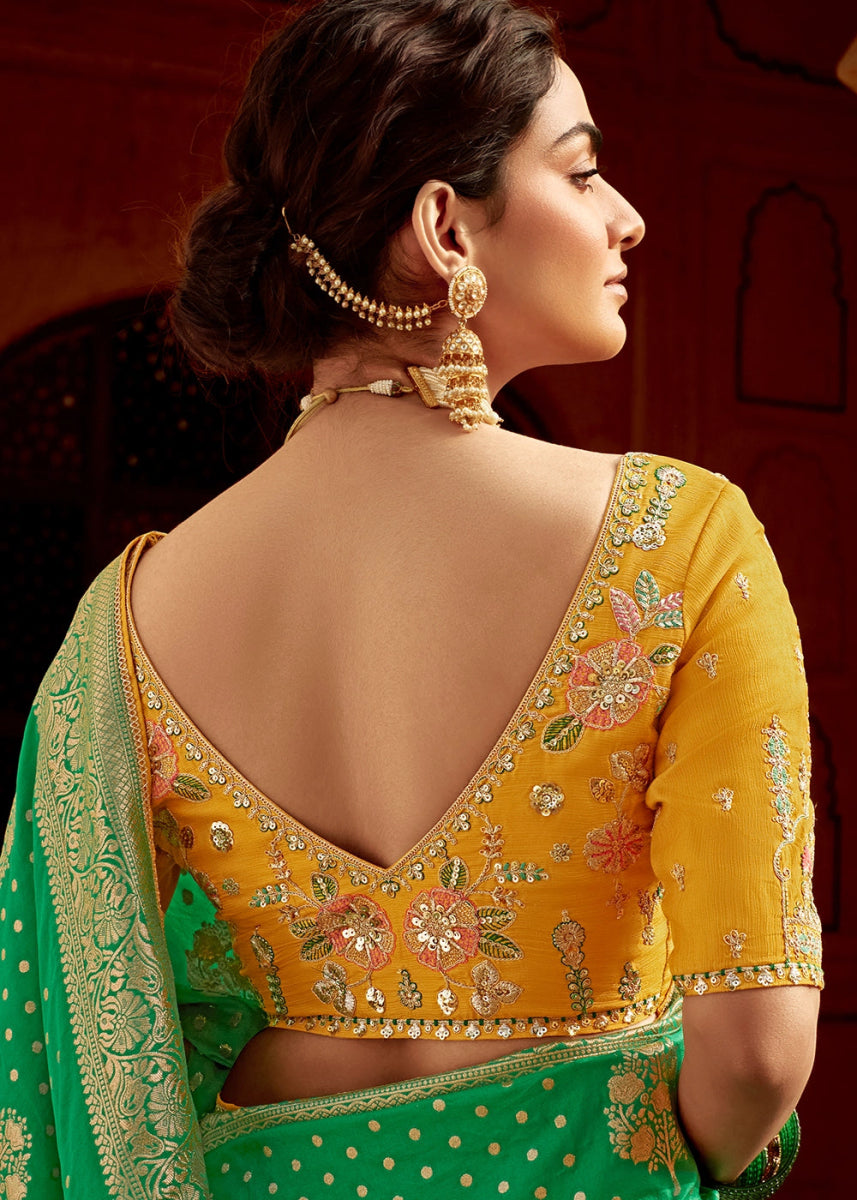 Jade Green Dola Silk Saree with Intricate Weaving & Embroidered Blouse - House of Sarvati LLC
