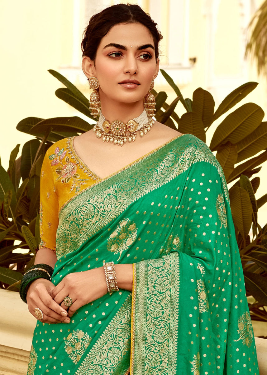 Jade Green Dola Silk Saree with Intricate Weaving & Embroidered Blouse - House of Sarvati LLC