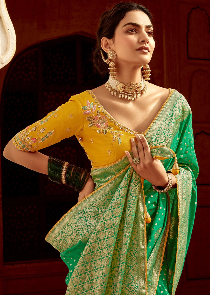 Jade Green Dola Silk Saree with Intricate Weaving & Embroidered Blouse - House of Sarvati LLC