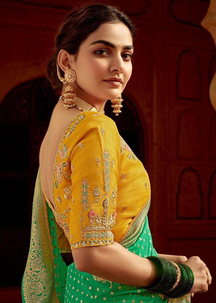 Jade Green Dola Silk Saree with Intricate Weaving & Embroidered Blouse - House of Sarvati LLC