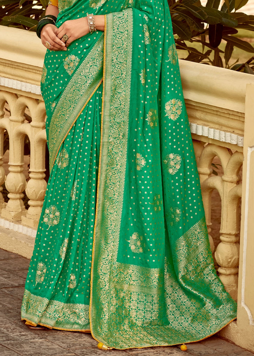Jade Green Dola Silk Saree with Intricate Weaving & Embroidered Blouse - House of Sarvati LLC